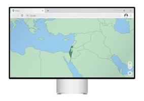 Computer monitor with map of Israel in browser, search for the country of Israel on the web mapping program. vector