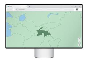 Computer monitor with map of Tajikistan in browser, search for the country of Tajikistan on the web mapping program. vector