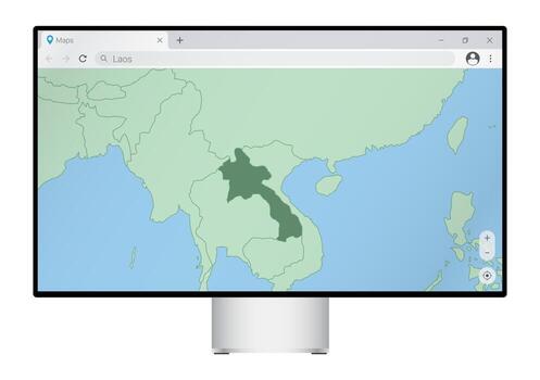 Computer monitor with map of Laos in browser, search for the country of Laos on the web mapping program. vector