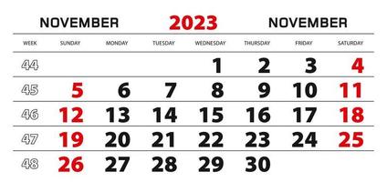 calendario de pared 2023 para noviembre, semana a partir del domingo. vector