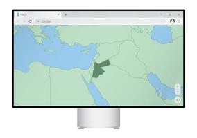 monitor de computadora con mapa de jordania en el navegador, busque el país de jordania en el programa de mapeo web. vector