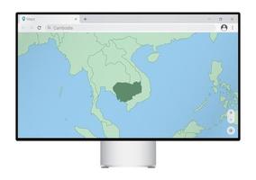 Computer monitor with map of Cambodia in browser, search for the country of Cambodia on the web mapping program. vector