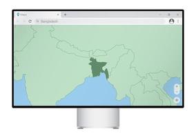 Computer monitor with map of Bangladesh in browser, search for the country of Bangladesh on the web mapping program. vector