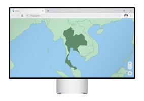 Computer monitor with map of Thailand in browser, search for the country of Thailand on the web mapping program. vector