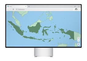 Computer monitor with map of Indonesia in browser, search for the country of Indonesia on the web mapping program. vector