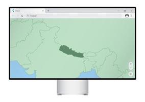 Computer monitor with map of Nepal in browser, search for the country of Nepal on the web mapping program. vector