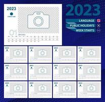 calendario de escritorio 2023, cuadrícula de 2 semanas en inglés. lugar para foto para ilustración. vector