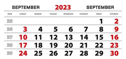 Wall calendar 2023 for september, week start from sunday. vector