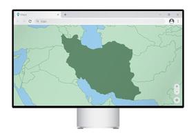 Computer monitor with map of Iran in browser, search for the country of Iran on the web mapping program. vector