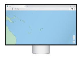 Computer monitor with map of Fiji in browser, search for the country of Fiji on the web mapping program. vector