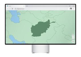 Computer monitor with map of Afghanistan in browser, search for the country of Afghanistan on the web mapping program. vector