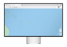 Computer monitor with map of Tonga in browser, search for the country of Tonga on the web mapping program. vector