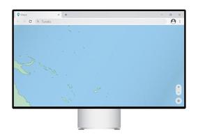 Computer monitor with map of Tuvalu in browser, search for the country of Tuvalu on the web mapping program. vector