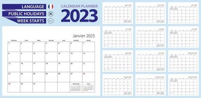 French calendar planner for 2023. French language, week starts from Sunday. vector