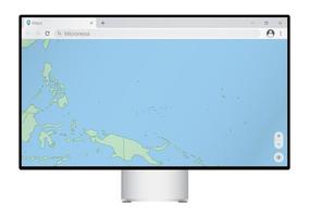 Computer monitor with map of Micronesia in browser, search for the country of Micronesia on the web mapping program. vector