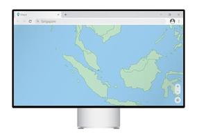 Computer monitor with map of Singapore in browser, search for the country of Singapore on the web mapping program. vector