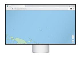 Computer monitor with map of Marshall Islands in browser, search for the country of Marshall Islands on the web mapping program. vector