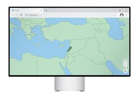 Computer monitor with map of Lebanon in browser, search for the country of Lebanon on the web mapping program. vector