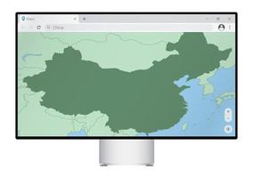 Computer monitor with map of China in browser, search for the country of China on the web mapping program. vector