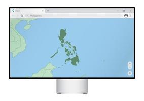 monitor de computadora con mapa de filipinas en el navegador, busque el país de filipinas en el programa de mapeo web. vector