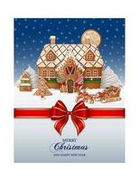 christmas background with gingerbread landscape and red bow. christmas poster with gingerbread cookies vector