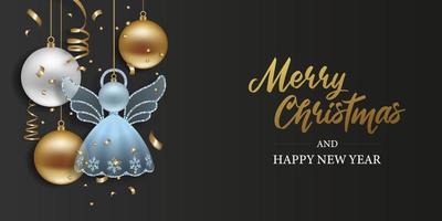 christmas banner with christmas decorations, streamers and confetti. christmas greeting card with angel shaped decoration vector