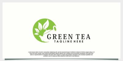 green tea logo design with leaf and teapot creative concept vector