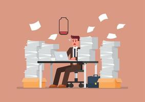 Low battery man sitting at table with laptop and pile of papers vector