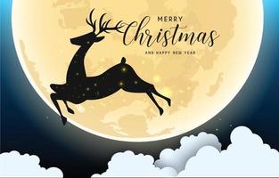 Merry Christmas and Happy New Year night for greeting card. moon in clouds, stars and snowfall. Santa Claus and reindeers silhouette on moon background. Cute and unusual vector design.