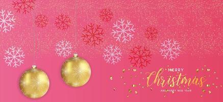 Festive Christmas Pink Background with Golden Christmas Decorations and Golden Glitters. Vector Illustration.