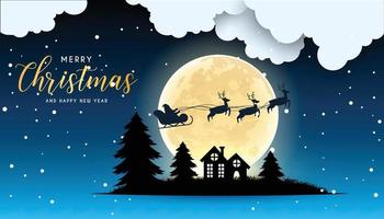 Merry Christmas and Happy New Year night for greeting card. moon in clouds, stars and snowfall. Santa Claus and reindeers silhouette on moon background. Cute and unusual vector design.