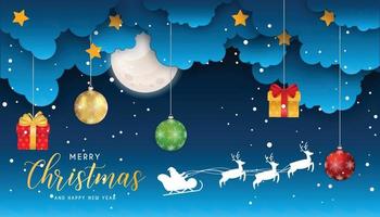 Merry Christmas and Happy New Year night for greeting card. moon in clouds, stars and snowfall. Santa Claus and reindeers silhouette on moon background. Cute and unusual vector design.