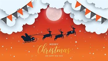 feliz navidad y feliz noche de año nuevo para tarjetas de felicitación. luna en nubes, estrellas y nevadas. silueta de santa claus y renos en el fondo de la luna. diseño vectorial lindo e inusual. vector