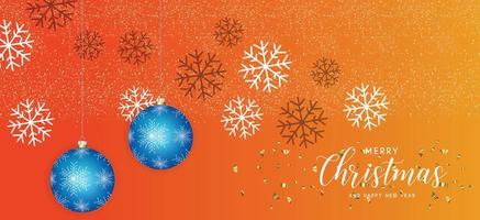 Festive Christmas Orange Background with blue ball Golden Christmas Decorations and Golden Glitters. Vector Illustration.