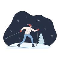 A man with a beard goes cross-country skiing in the woods. vector illustration