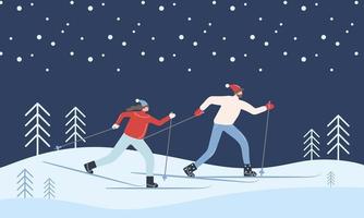 A man and a woman go cross-country skiing in the woods. vector illustration