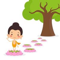 Lord buddha born and walking on lotus. vector