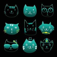 Draw set of cat face silhouette funny emotion