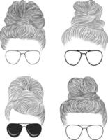 Hand Drawn Messy Bun Black Long Hair With Retro Sunglasses Collection Isolated vector