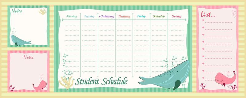 cute school timetable schedule for elementary school kid with cute whale