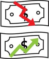 banknotes with down and up arrow symbols, for recession concept vector