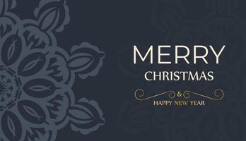 Holiday card Merry Christmas and Happy New Year in dark blue color with luxury blue pattern vector