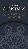 Holiday card Merry Christmas and Happy New Year in dark blue with vintage blue pattern vector