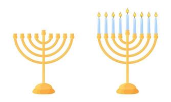 Hanukkah menorah empty and with lit candles. Set of traditional Jewish Hanukah symbol. Isolated golden chanukiah holder with nine candles on white background. Flat vector illustration