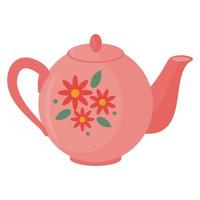 Teapot with a pattern of flowers and leaves. Color flat vector illustration isolated on a white background.