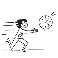 dibujado a mano garabato persona gente corriendo detrás de la ilustración del reloj vector