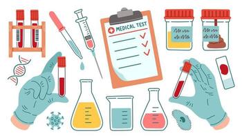 Medical tests illustration set. Chemical testing patients urine, fecale and blood samples. Vector illustration.