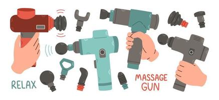 Massage gun set isolated on white background. Vector illustration