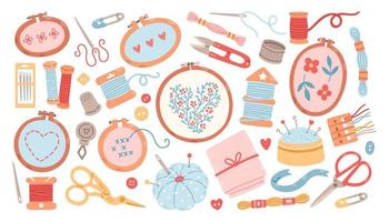 Set of tools for hobby, embroidery needlework, canvas, hoop, thread a needle, floss, scissors, flat vector graphics