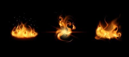 Fire shapes in realistic style bright flames on black background vector